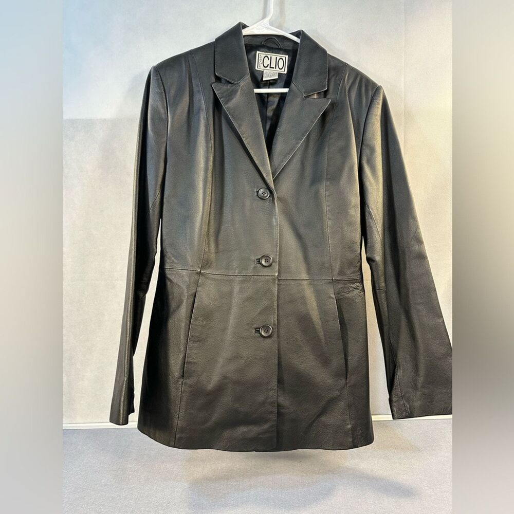 Clio women’s Black Leather Jacket Button Front Blazer 100% Leather Size 14